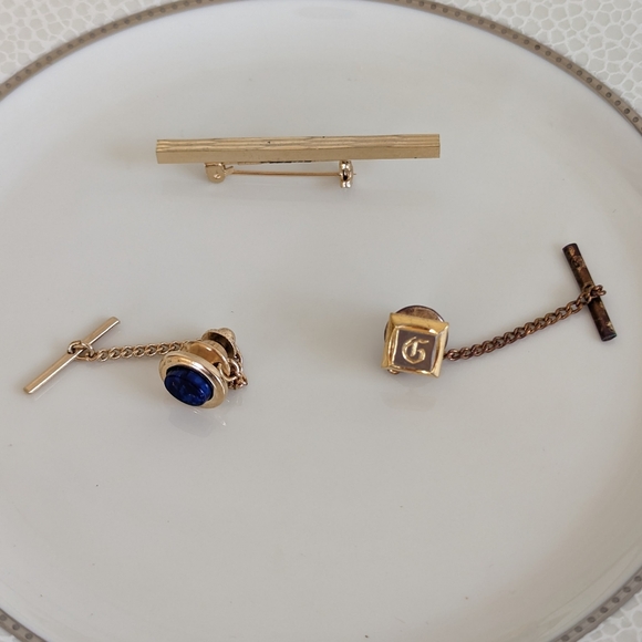 Set of 3 Tie Tacs Blue Lapis "G" initial Diamonds Cut Tie Bar Bundle - Picture 4 of 5
